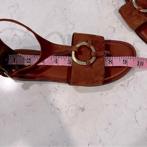 Franco Sarto Lockheart Cognac Suede Gold Ring Ankle Strap Sandal, size 8 - Picture 13 of 14
